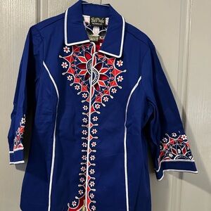 Embroidered Blue Button-Up Shirt Bob Mackie Cathedral Style Floral 2 pc Set NWT